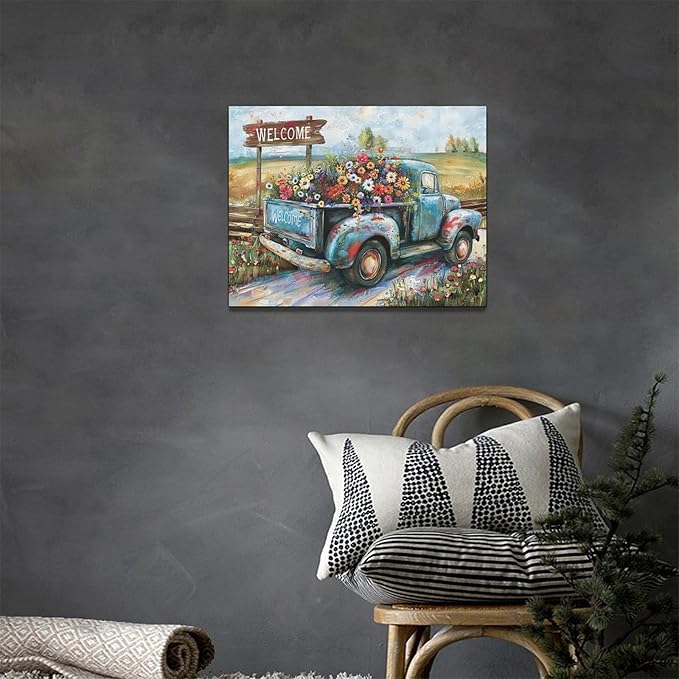 Farmhouse Truck Wall Art Rustic Country Wildflowers Wall Decor Road Flowers Landscape Pictures Canvas Print Painting Artwork for Bathroom Living Room Bedroom 12"x16"