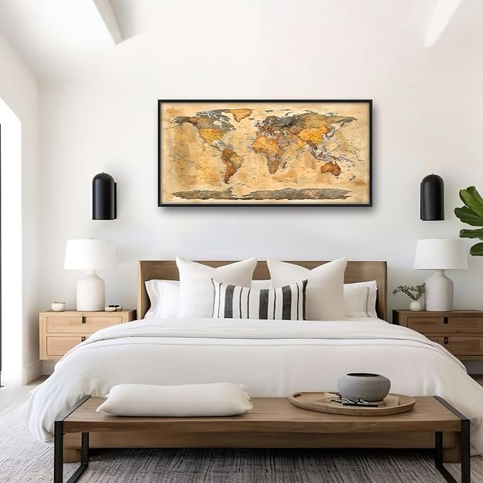 Extra Large World Map Framed Wall Art for Living Room,Oversized Vintage Map of The World Pictures Wall Decor,Canvas Print Painting Modern Artwork Bedroom Office Bathroom 60L" x 30W"