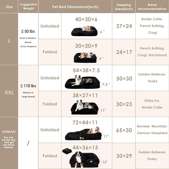 EHEYCIGA Foldable XXL Dog Bed, Faux Fur Fluffy Pet Couch Bed for Extra Large Dogs, Orthopedic Calming Memory Foam Big Pet Bed, Washable Soft Pet Sofa Bed with Non-Slip Bottom, Black, 54"x38"x7.5"