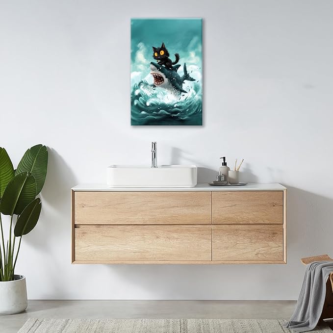 Funny Black Cat Bathroom Wall Art Cute Cat Riding Shark Canvas Wall Decor Animal Kitten Pictures Painting Print Artwork Framed Decorations Gifts for Cat Lover Kids Room Bedroom 16"x24"