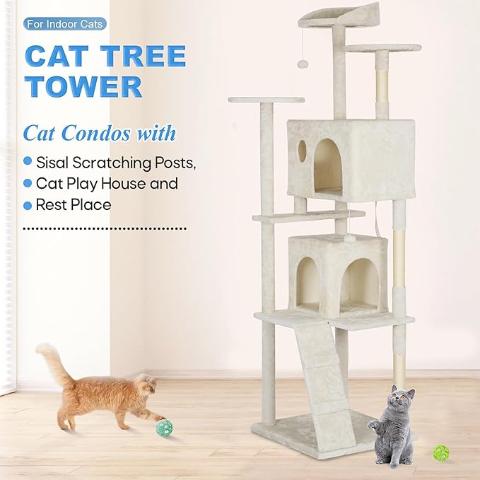 FDW Cat Tree Tower 81in Multi-Level Durable Cat Scratching Post & Cozy Fun Jumping Platform Space Saving Condo Pet Play House for Indoor Cats,Beige
