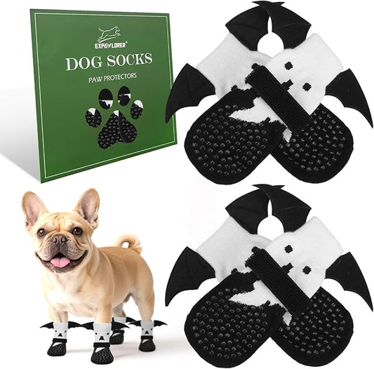 EXPAWLORER Halloween Anti Slip Dog Socks to Prevent Licking Paws, Boots & Paw Protectors with Grippers,Doggie Booties for Hardwood Floors for Small Medium Large Senior Dogs Costume White Ghost Wings M