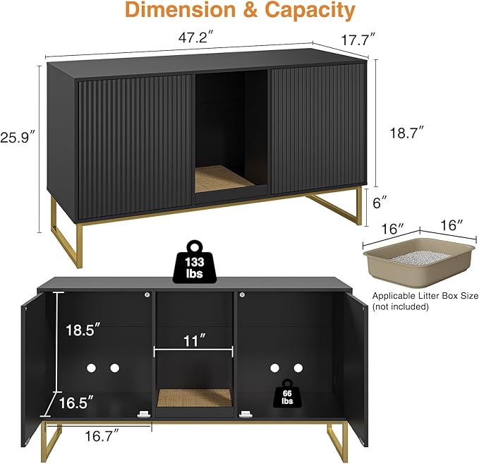 Litter Box Enclosure for 2 Cats, Fluted Hidden Cat Litter Box Furniture with Scratch Pad and Metal Legs, Modern Double Room Kitty House for Living Room, Washroom, 47.2”L x 17.7”W x 25.9”H, Black