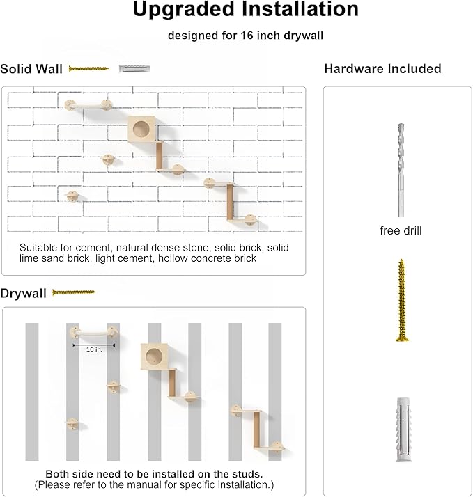 FUKUMARU Cat Wall Shelves, 5-Piece Stable Wooden Wall-Mounted Furniture Set, Kitty Climber with Hammock, House, Steps, Scratching Post (Beige)