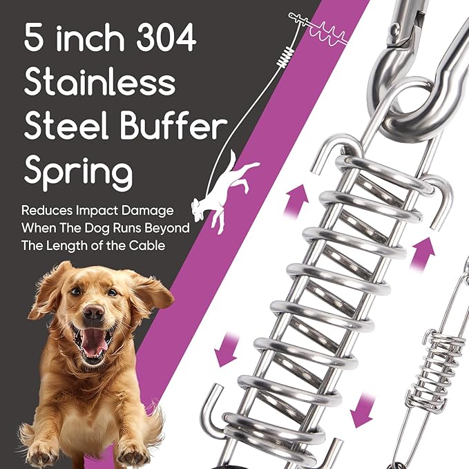 Heavy Duty Dog Tie Out Cable 30ft with Stake - 360° No Tangle Swivel, Spiral Anchor for Dogs up to 210 lbs, Yard Camping Use