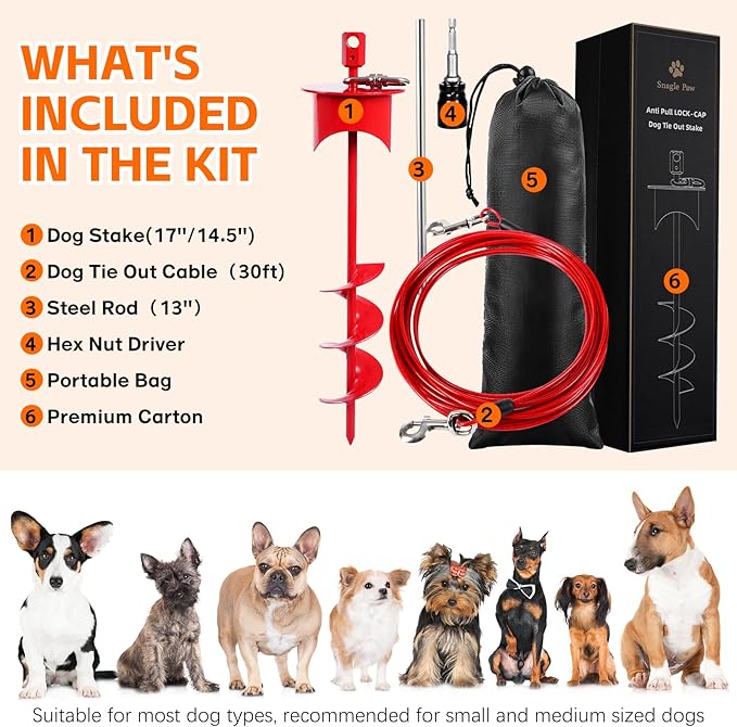 Snagle Paw Dog Tie Out Cable & Stake with Lock Cap - 30ft Heavy Duty Rust Proof Cable, 360° Swivel Dog Yard Leash & Stake Up to 220 lbs - Ground Anchor for Yard, Beach, Camping & Outdoor Use