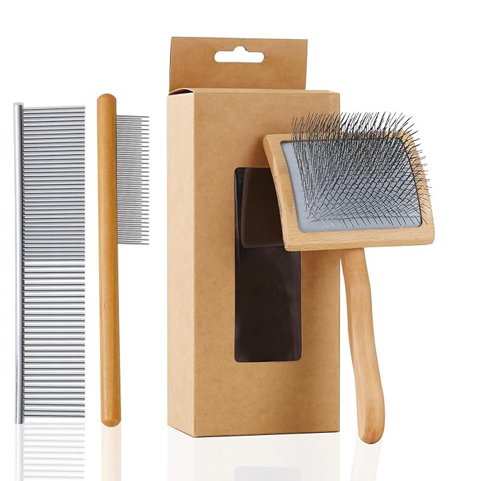 Ergonomic Slicker Brush for Long-Haired Dogs - Wooden Handle, Long Pins for Grooming Goldendoodles