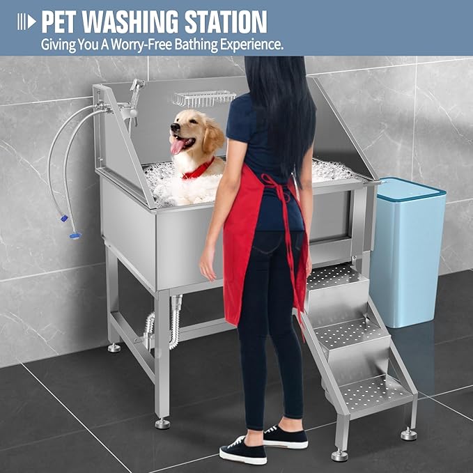 38"" Pet Dog Bathing Station W/Ramp, Professional Stainless Steel Dog Grooming Tub W/Soap Box, Faucet,Rich Accessory, Dog Bathtub for Large,Medium,Small Pets, Washing Sink for Home,R-RAMP