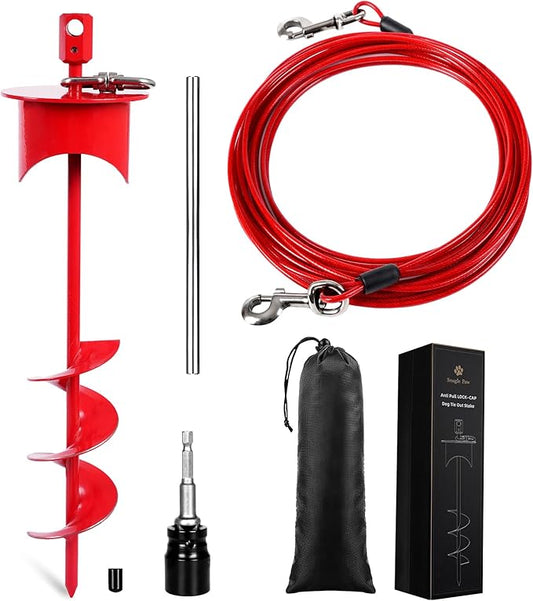 Snagle Paw Dog Tie Out Cable & Stake with Lock Cap - 20ft Heavy Duty Rust Proof Cable, 360° Swivel Dog Yard Leash & Stake Up to 220 lbs - Ground Anchor for Yard, Beach, Camping & Outdoor Use
