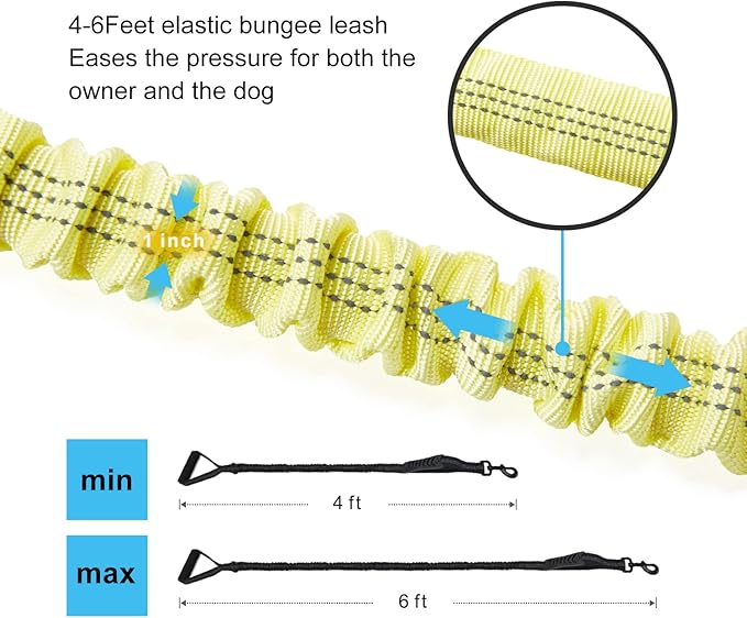 6FT Highly Reflective Heavy Duty Elastic Bungee Medium and Large Dog Leash Shock Absorbing with Comfortable Padded Handle and Traffic Handle Suitable for Training Yellow