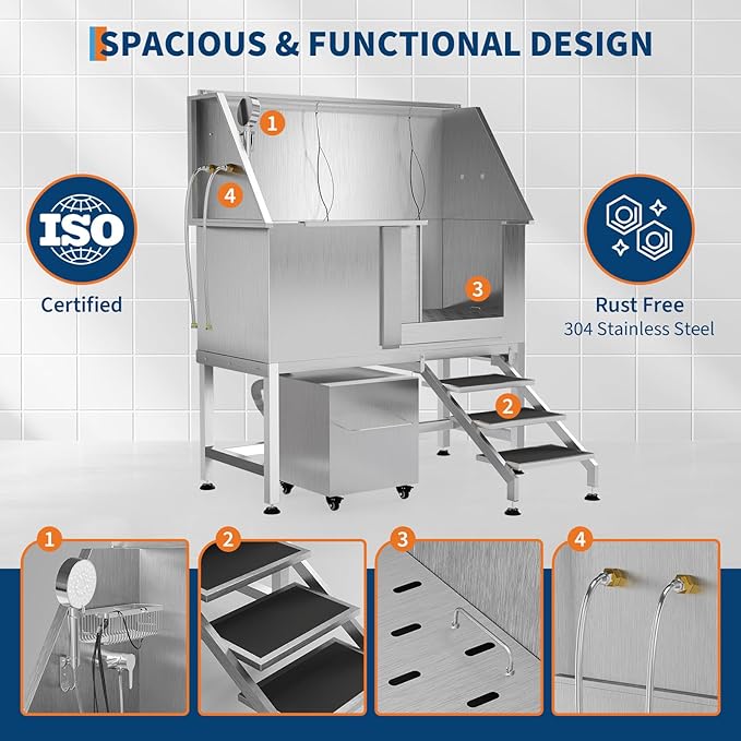 50" Stainless Steel Professional Dog Washing Station - Pet Bathing Tub w/Non-Slip Stairs & Storage Shelf | Slip-Resistant Floor Grate | for Large/Medium/Small Dogs
