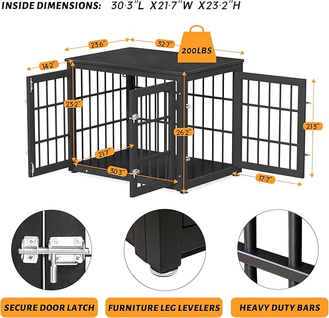 32 Inch Heavy Duty Dog Crate Furniture for Medium and Small Dogs, Decorative Pet House End Table, Wooden Cage Kennel Furniture Indoor, Black