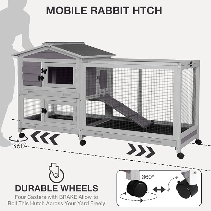 2-Story Indoor Rabbit Hutch with Chew-Proof Outdoor Rabbit Cage with 6 Locking Casters Bunny Cage 2 Pull-Out Trays Guinea Pigs Cage 62"