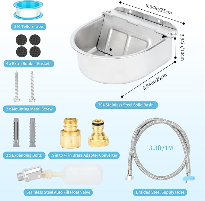 FHTONGE 304 Stainless Steel Automatic Dog Water Bowl Dispenser with Drainage and Float Valves, Large Auto Fill Dog Waterer for Outdoor Big Dogs Livestock Poultry Horse Cow Goat Pig Chicken Duck Rabbit