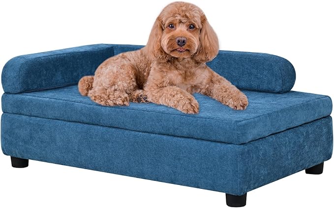 AFBKSS&BB Pet Sofa with Hidden Storage for Puppy and Cat,Linen Fabric Dog Sofa,Cat Couch with Wooden Frame (Blue)