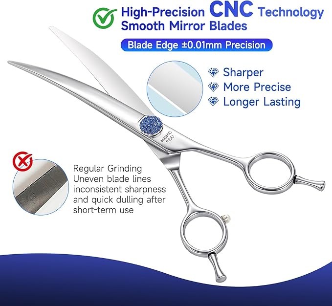 7.5'' Dog Grooming Scissors CNC 440C Blades Sharp and Durable Polished Curved Dog Shears with Blue Diamond Adustable Screws Easy to Use for Groomer and Home User