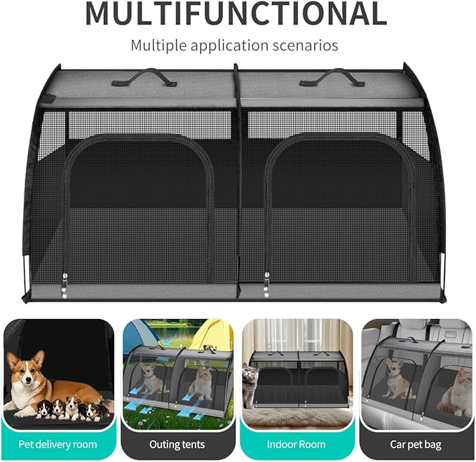 Double Cat Car Travel Carrier, Twin Compartment Show House Cat Cage/Condo，Portable Pet Crate for 2 Cats Travel Double Dog Crate Set for Long Distance Travel