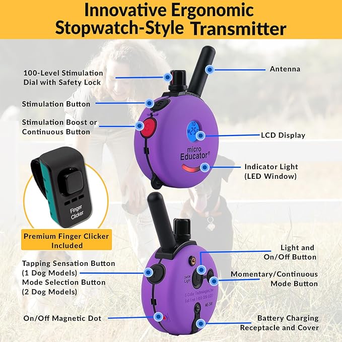 Educator E-Collar Humane Dog Training Collar with Remote, 100 Safe Tapping Stimulation Levels, Night Light, Waterproof, Rechargeable, 1/3 Mile 1 Small Dog Double Bungee Collar Bundle, Purple