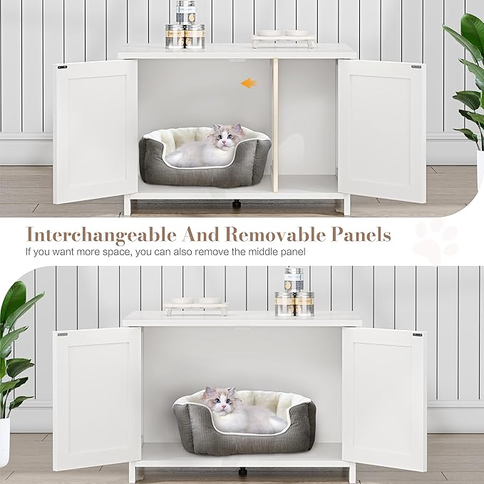 JY QAQA Cat Litter Box Enclosure,Litter Box Furniture Hidden with Barn Door,Wooden Cat Washroom Furniture,Cat House,Fit Most of Litter Box,White