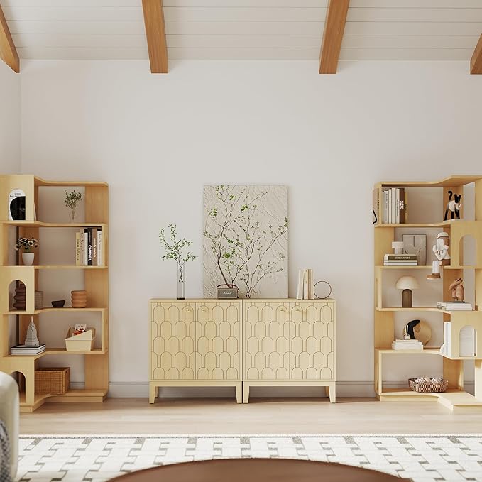 Farmhouse Storage Cabinet, Modern Buffet Sideboard with Doors, Fish Scale Pattern, Boho Cabinet for Dining Room, Natural, 2 Pieces