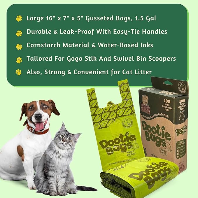 Pooch Approved Large Dootie Bags - Dog Poop Bags - Tie-Handles - 100 Count Dootie Strong and Leakproof - Perfect for Dogs & Cats - Litter - Pet Waste Cleanup - Swivel Bin & GoGo Stik Scoopers