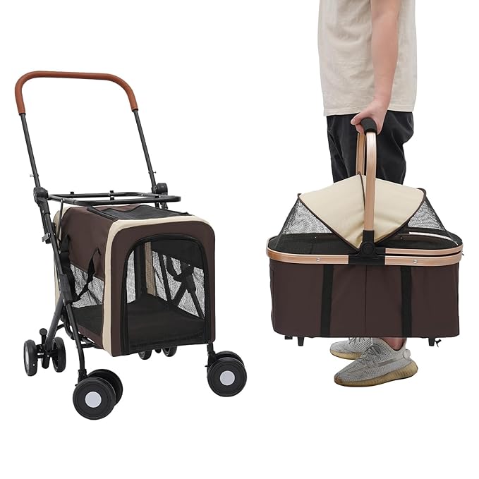 2-Layers Pet Stroller for 2 Cats/Dogs,Foldable Lightweight 77lbs Capacity Carrier, 4 Wheels, Removable Basket & Storage Pocket,for Small Pets (Coffee)