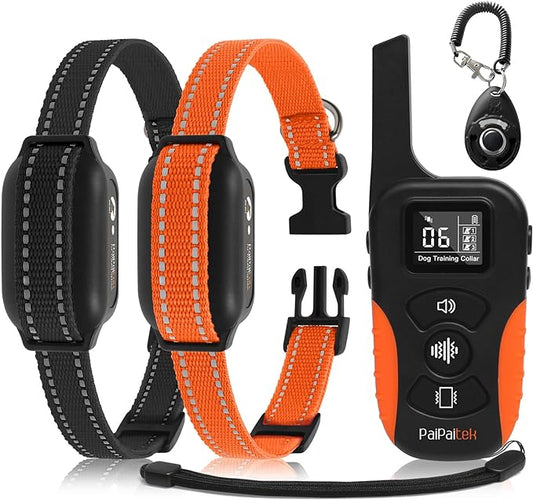 PaiPaitek Dog Vibration Collar with Controller for 2 Dogs No Shock, 9 Types of Beeps and Vibrations, 3300ft Range & Upgraded Waterproof Training Collar for Dogs 5-120lbs - No Prongs
