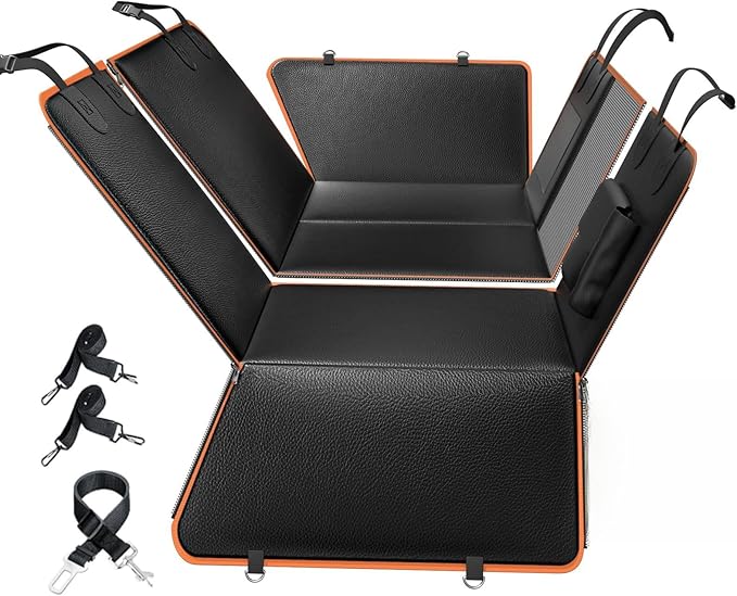 6-in-1 Leather Dog BackSeat Extender, Hard Bottom 40/60 Split Waterproof Car Back/Front Seat Cover, Rear Hammock Carseat Protector, Large Size Pet Mat for SUV/Truck/Cargo, Vehicle Bed Travel Accessory