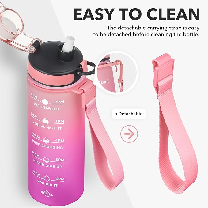 Enerbone Water Bottle, Leakproof BPA & Toxic Free, Motivational Water Bottle with Times to Drink and Straw, Fitness Sports Water Bottle with Strap for Office, Gym, Outdoor Sports
