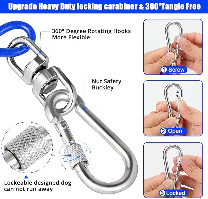 Jenico Dog Tie Out Cable, 10/15/20/30/40/50/70/100/150FT Runner Cable with Swivel Hook and Shock Spring, Yard and Camping Dog Leash Run Tether, Up to 500 LBS
