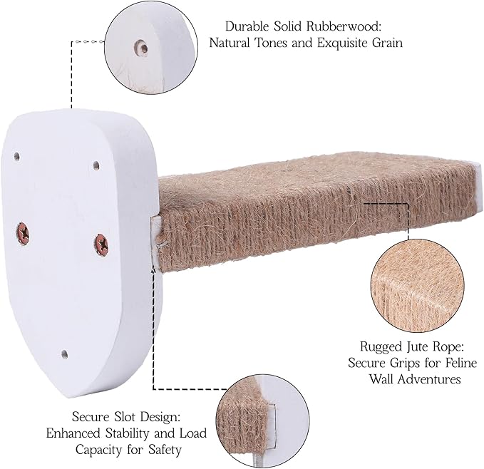 3pcs Wall Mounted Cat Steps, Climbing Furniture, Shelves With Hemp Rope Covered, Solid Wood Ladder for Playing and Climbing (Standard-White)