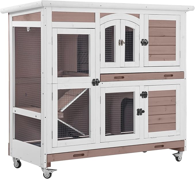 Aivituvin Rabbit Hutch Bunny Cage with Wheels Indoor Outdoor 47" Two Story Guinea Pig Cage with 2 Deep No Leak Tray
