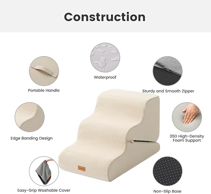 Gardner Pet Dog Stairs for Small Dogs 16.5" H, 2 in 1 Transformable 3-Step Pet Stairs and Dog Ramp for Couch (13-20 in), Beige Adjustable Pet Steps with Non-Slip Waterproof Cover and CertiPUR-US Foam