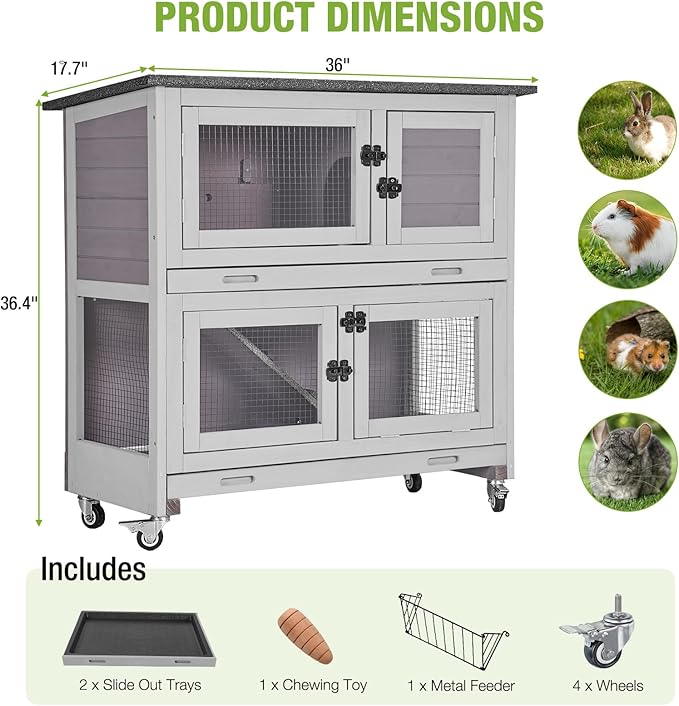 2 Story Rabbit Hutch Indoor Outdoor Rabbit Bunny House Guinea Pig Cage Wooden Pet House for Small Animals with 2 Large Rooms, Chewproof Ramp, Ventilation Door, Removable Trays (Grey)