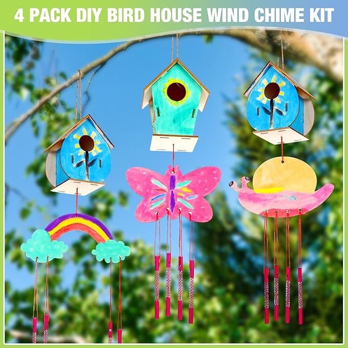 30 Pcs Crafts DIY Bird House Wind Chime Kit Unfinished Wood Birdhouse Kits 12 Wooden Birdhouses & 18 Wind Chimes Build and Paint Birdhouses Bulk Crafts Set