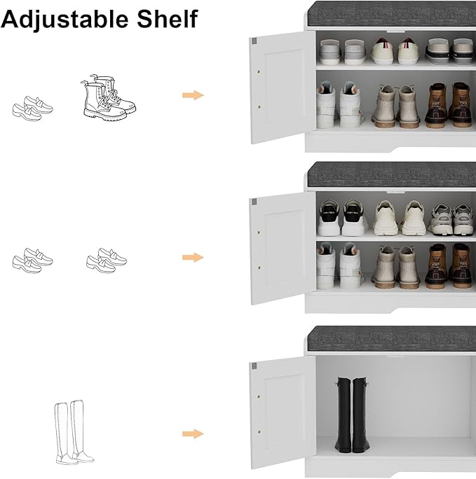 2-Tier Storage Bench, Shoe Bench with Thickened Padded Seat Cushion, Entryway Bench with 4 Doors, Adjustable Shelf, 13.8" D x 45.3" W x 18.5" H, for Entryway, Living Room, Bedroom, White