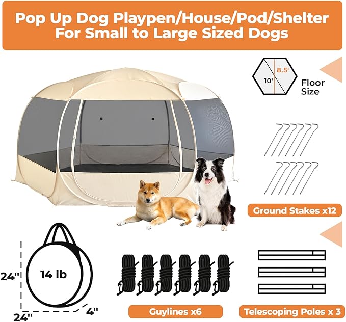 EighteenTek XXLarge Popup Portable Dog Houses, 10'x4.8'H Assembly-Free Gazebo-Style Dog Cot Cat Playpen Screen Pet Tent Sun Shade Shelter Dog Bed with Canopy for Outdoor Anti-Bugs with Leakproof Floor