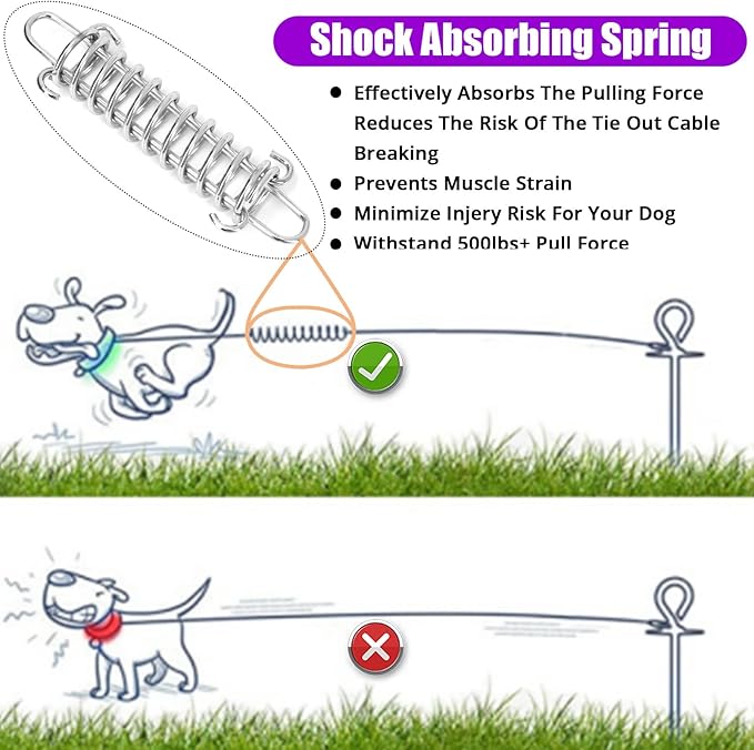 Jenico Dog Tie Out Cable - 10/15/20/30/40/50/70/100/150FT Runner Cable with Swivel Hook and Shock Spring, Leash Tether for Yard, Outdoor and Camping, for Small to Medium Pets Up to 500 LBS