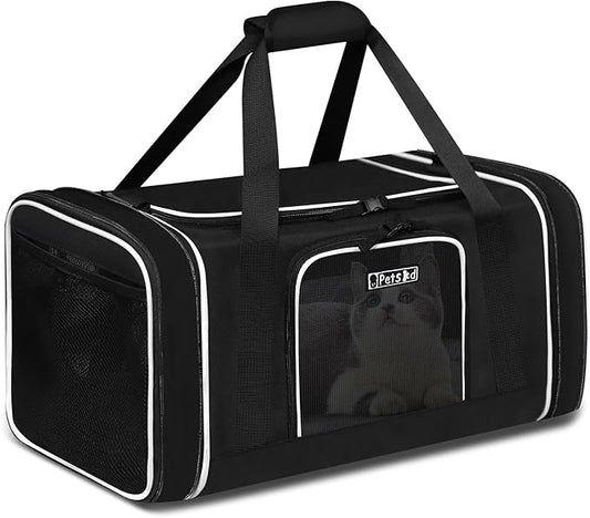 Petskd Length-Expandable Pet Carrier 17x11x9.5 Inches Alaska Airline Approved, Soft Pet Travel Carrier for Small Cats Dogs with Zipper Locks and Anti-Scratch Mesh(Black)