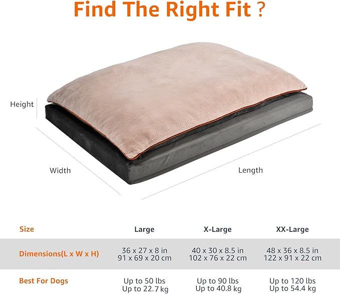 Amazon Basics Dog Bed with Cooling Gel Memory Foam, Pressure-Relief Support for Dogs up to 120lbs, Non-Slip Bottom, Machine Washable Cover, Giant Sized (48" x 36"), Grey