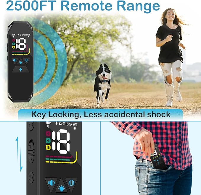 Dog Training Collar, Dog Shock Collar with Remote Control, 2500FT and 4 Training Modes Beep, Vibration, Electric Shock, IP67 Waterproof Rechargeable E-Collar for All Breed