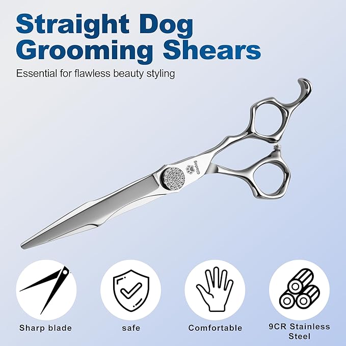 GLADOG 7" Premium 9CR Dog Grooming Scissors with Full Diamond Pivot Nut - Professional Straight Dog Scissors for Grooming, Ideal Dog Shears for Precise Trimming, Pet Grooming Scissors, Grooming Shear