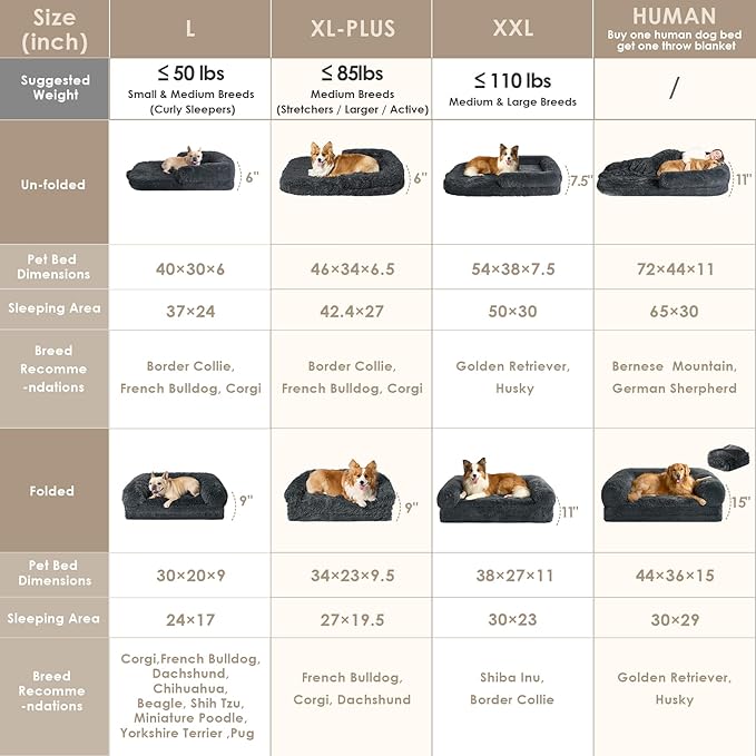 EHEYCIGA Foldable Human Dog Bed, Orthopedic Memory Foam Human Sized Dog Bed, Waterproof Pet Bed for People, Faux Fur Pet Couch for Adult, Dark Grey, 72"x44"x11"