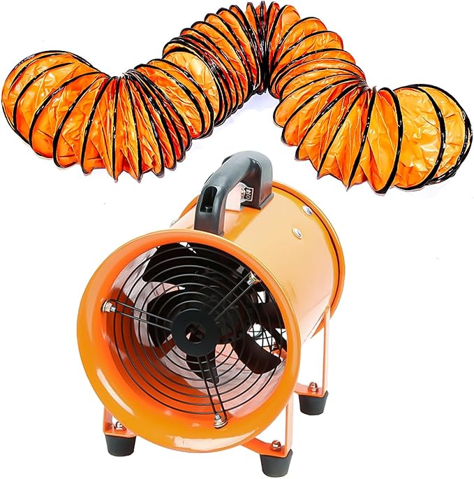8-Inch High-Velocity Portable Utility Blower Fan, Industrial Exhaust Fan with 33ft Flexible Duct Hose, 3150 RPM Low-Noise Ventilator for Basements, Workshops, Warehouses, and Confined Spaces