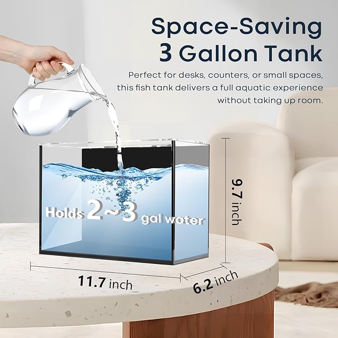 3 Gallon Glass Fish Tank Cube, Small Aquarium Fish Bowl for Betta Goldfish Snails Shrimp Aquatic Planting, Easy to Maintain Ultra Clear Rimless Design for Desktop Small Spaces
