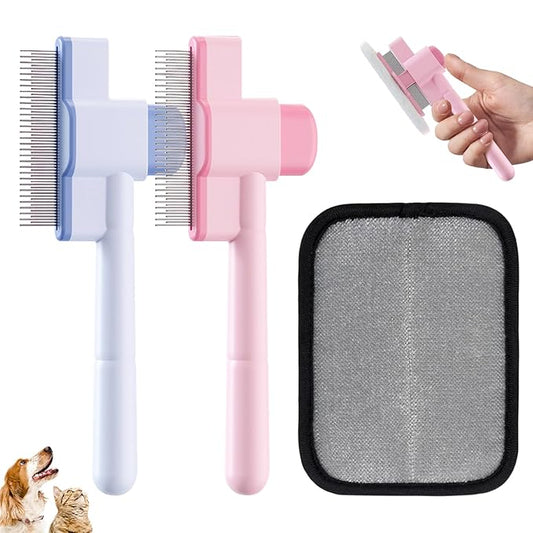 2PCS Flea Comb for Cats and Dogs with Pet Hair Remover Glove, Self Cleaning Pet Flea Cat Grooming Brush with Release Button for Massaging and Cleaning Shedding Pets Hairs