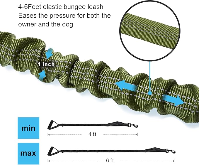 6FT Highly Reflective Heavy Duty Elastic Bungee Medium and Large Dog Leash Shock Absorbing with Comfortable Padded Handle and Traffic Handle Suitable for Training