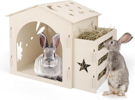 Extra Large Rabbit House & Rabbit Hay Feeder, Indoor Bunny Hideout with Feeder, Small Animal Houses & Habitats and Guinea Pig Hay Feeder