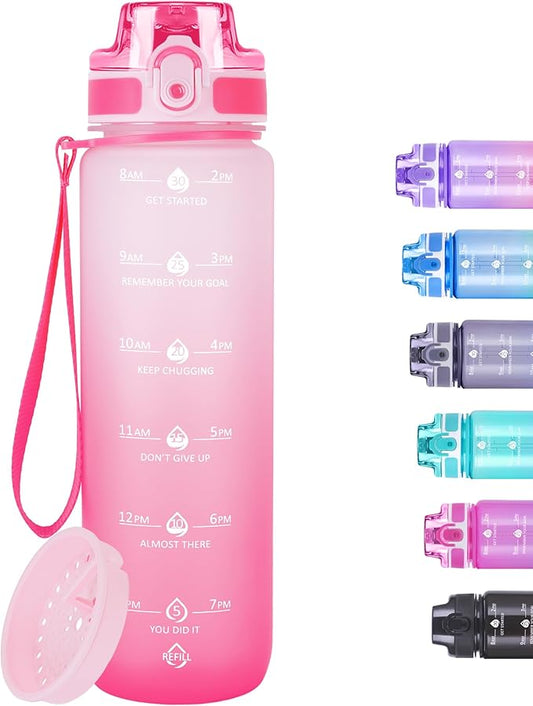32oz Motivational Water Bottles with Time Marker & Fruit Strainer, Transparent Gradient Color Water Bottle with Times to Drink, Leakproof & BPA Free, Reusable Bottle with Strap (No Straw)