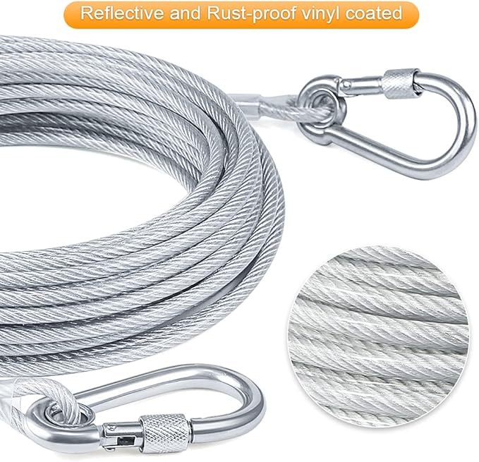 Tresbro 50FT Reflective Tie Out Cable for Dogs Up to 250 Pounds, Steel Wire Lead Leash Cable with Stainless Dual Fix Buckle, Lightweight and Enduring, Outdoor Dog Chains for Outside,Yard,Camping